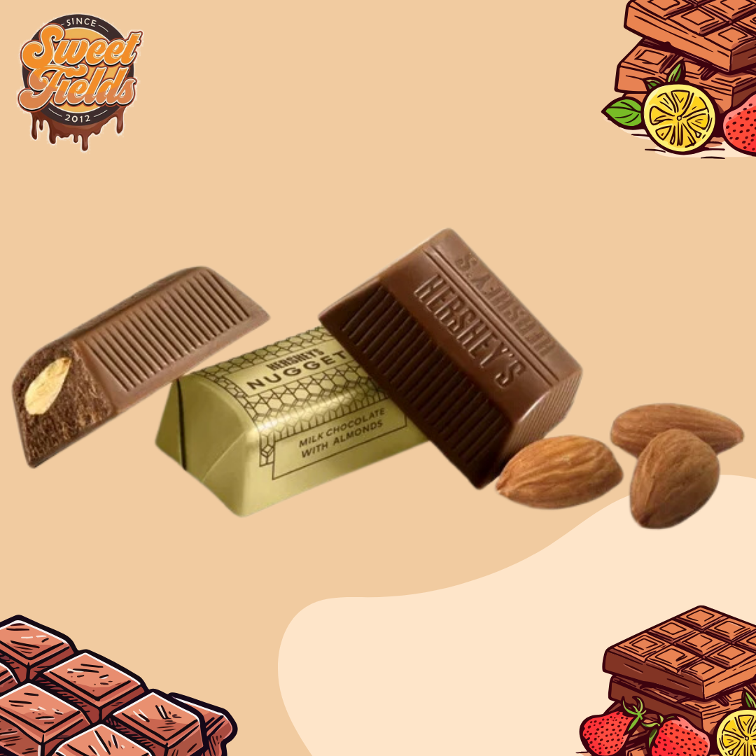 a wrapped and unwrapped hersheys nuggets milk chocolate with almonds.