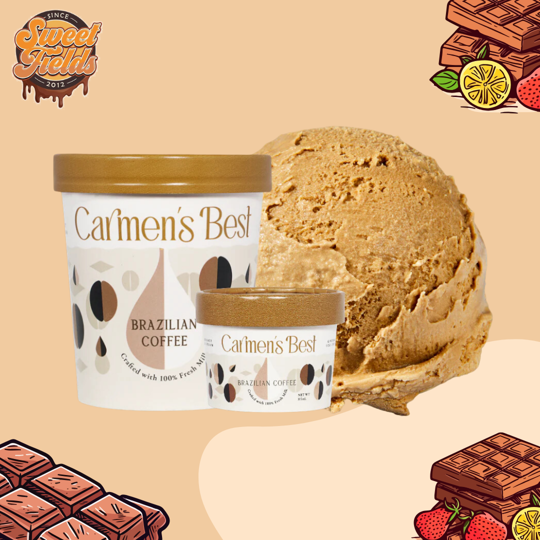 Carmens Best Brazilian coffee ice cream pint and cup with scoop in background