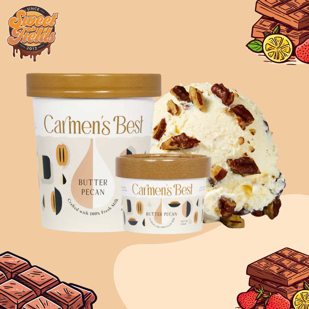 carmens best butter pecan ice cream in pint and in cup with scoop in the background