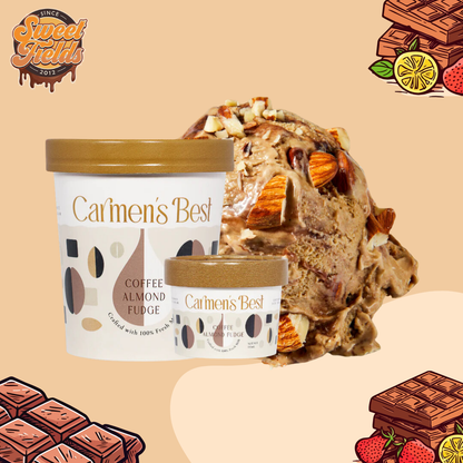 carmens best coffee almond fudge in pint and in cup with scoop at the background