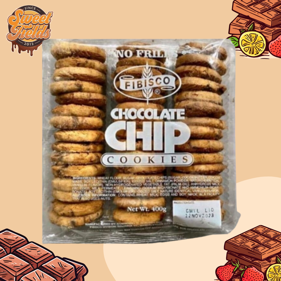 a pack of fibisco chocolate chip cookies.