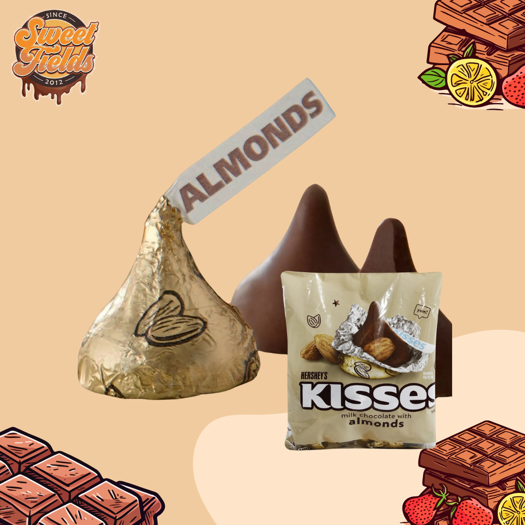 kisses milk chocolate with almonds along unwrapped samples