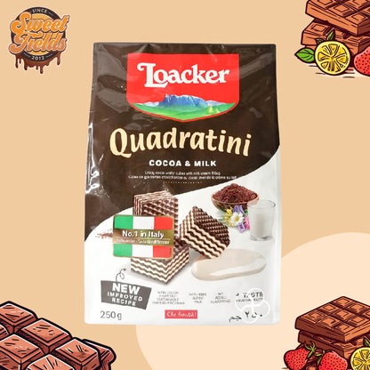 loacker quadratini cocoa and milk in a sealed pouch.