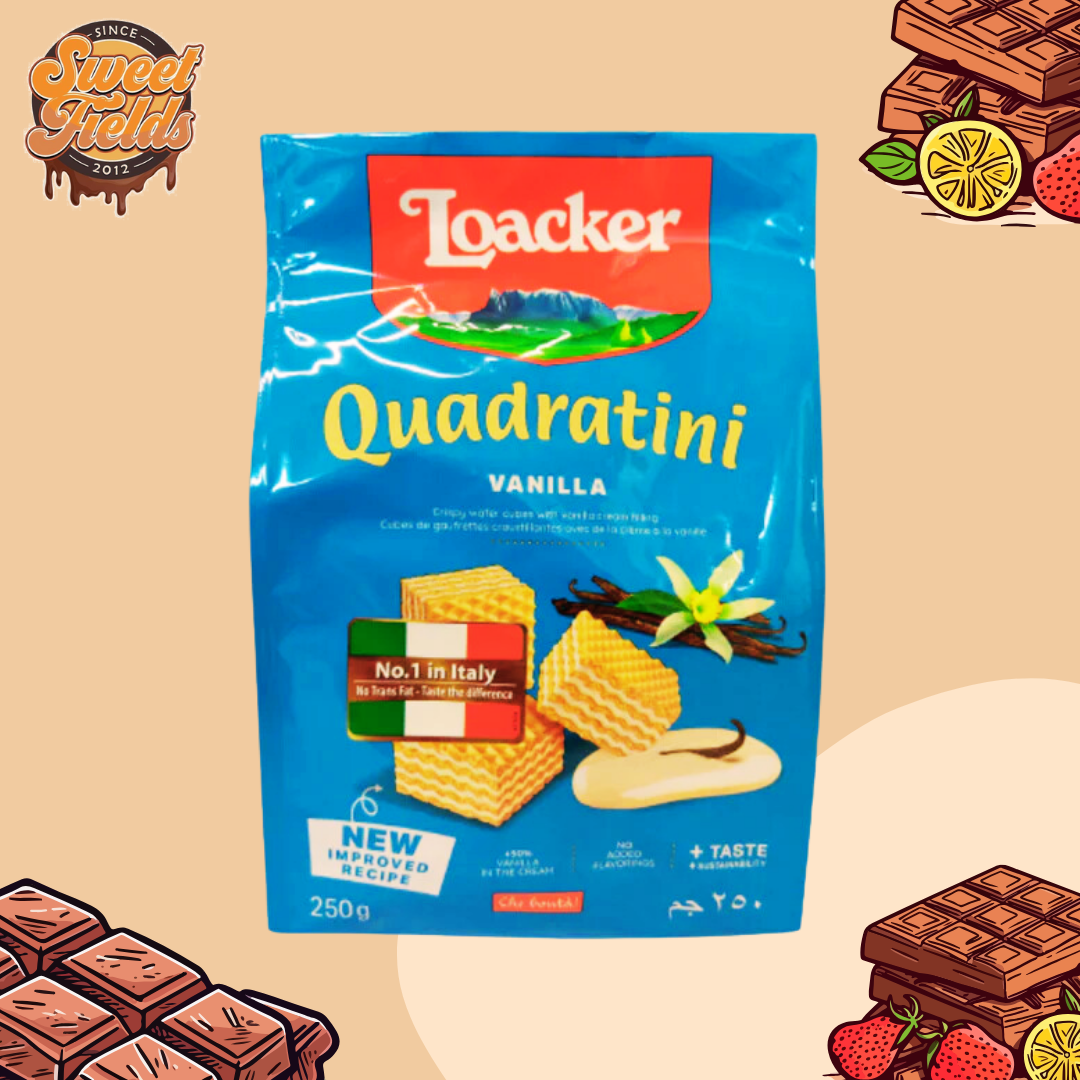 a pack of loacker quadratini vanilla wafer cubes.