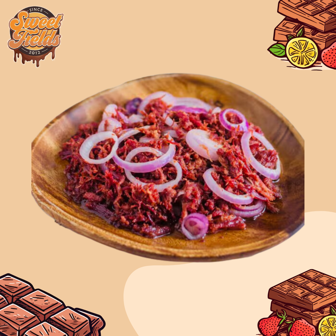 purefoods corned beef served on a wooden platter with onions.