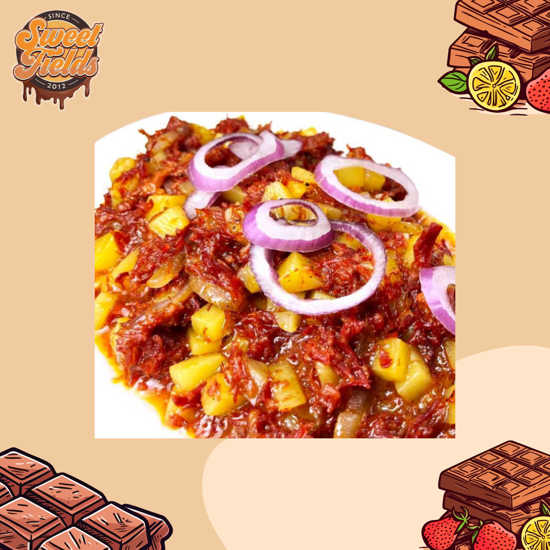 purefoods corned beef served on a plate with onions and potatoes.